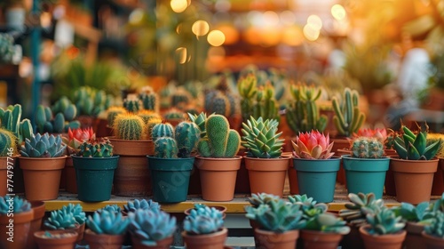 A bunch of pots filled with cacti and succulents on a table, AI photo