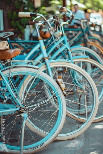 Row of Blue Bicycles Parked