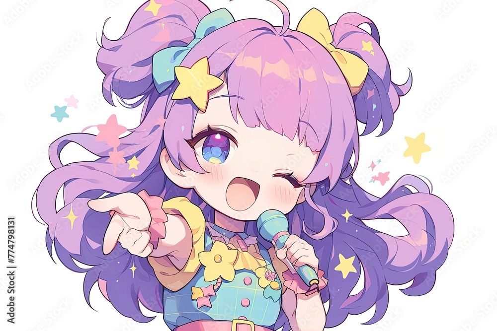 cute anime chibi girl with pastel purple hair singing into a microphone on white background