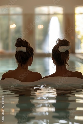 Two Women Relaxing in Large Pool of Water