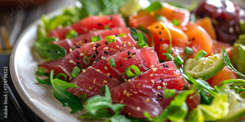 Salad plate. Traditional local Hawaiian dish with raw marinated yellowfin ahi tuna photo