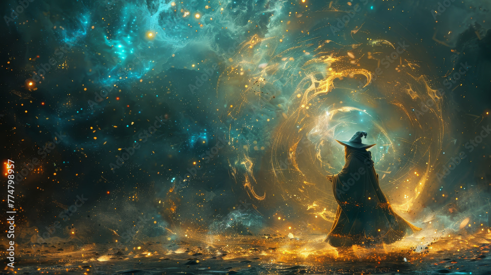 In a dramatic display RPG game of power, a sorcerer in a cloak summons a swirling vortex of cosmic energy in a mystical, fiery landscape. - obrazy, fototapety, plakaty 