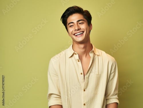 Young Man Smiling in Front of Green Wall