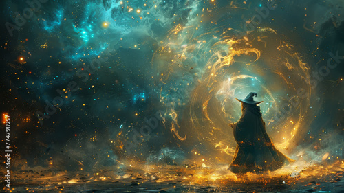 In a dramatic display RPG game of power, a sorcerer in a cloak summons a swirling vortex of cosmic energy in a mystical, fiery landscape. photo
