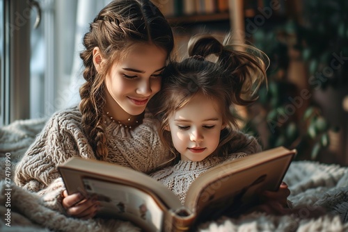 older and younger sisters reading a book in a cozy living room