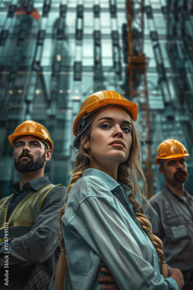 A focused female construction worker in a hard hat with her team behind her, representing diversity and empowerment in the industry.