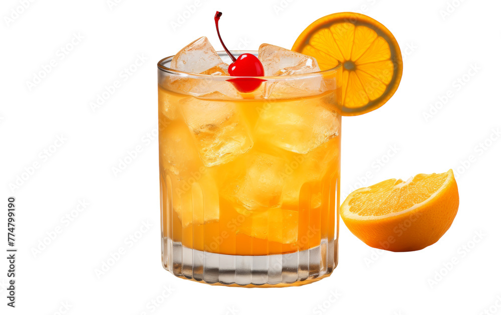A glass of ice tea adorned with a cherry and a slice of orange A glass of ice tea adorned with a cherry and a slice of orange