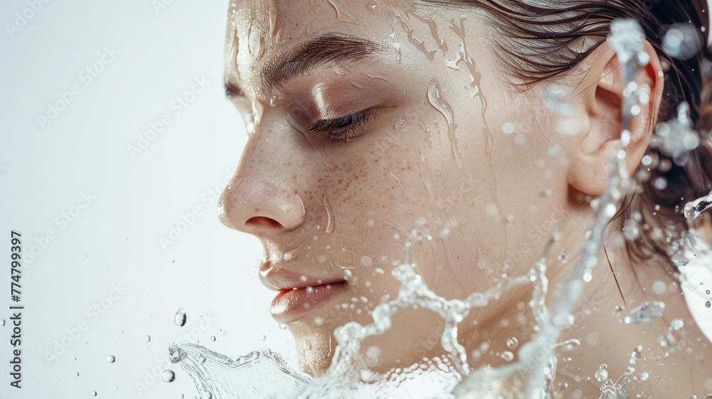 Young beautiful woman with clean fresh skin with splash of water on white background