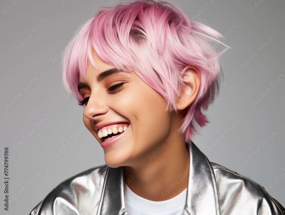 Smiling Woman With Pink Hair in Silver Jacket