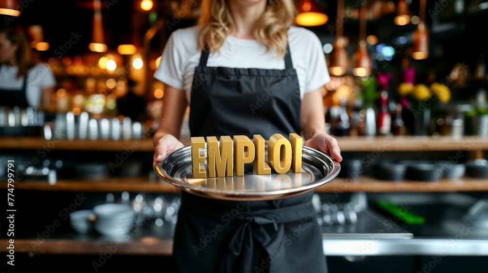 une serveuse de bar tient un plateau argenté devant elle avec le texte EMPLOI écrit en 3D
