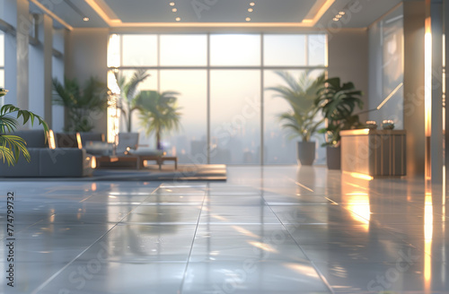 The sun sets over a cityscape  casting a golden light through the large windows of a spacious and stylish office lobby.