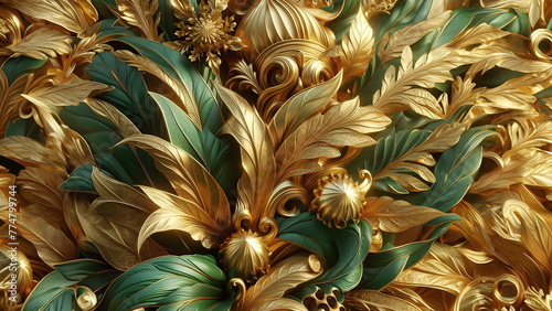 a close up of a green and gold vase with leaves  gold leaves  gold leaf  touches of gold leaf