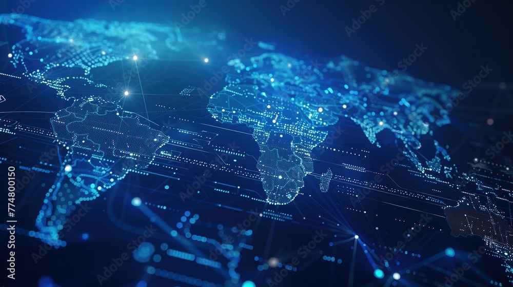 Fototapeta premium Global Data Network Representation and High-Tech Data Visualization on a Futuristic Digital World Map with Deep Blue Background