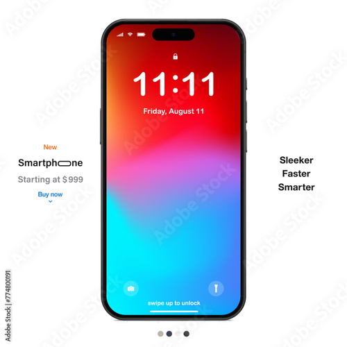 new frameless smartphone grey color with colored screen saver, front view, isolated on white background. mockup of realistic and detailed mobile phone with shadow. vector illustration