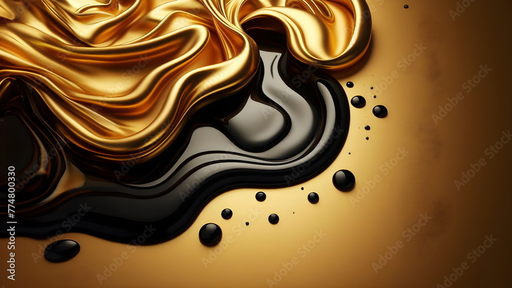 a liquid golden and black fluid, draped in shiny golden oil, deep golden sand desert