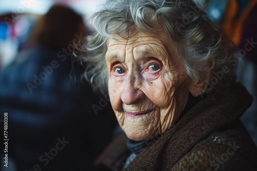 Portrait of an elderly woman with grey hair in the street.