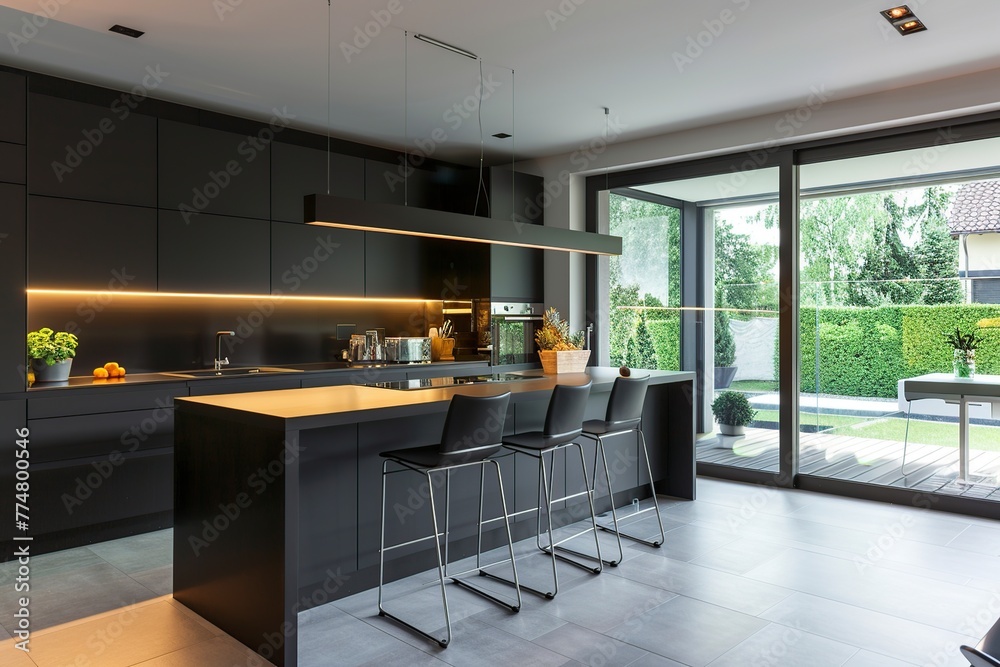 Fototapeta premium Modern Kitchen With Bar and Dining Room Table