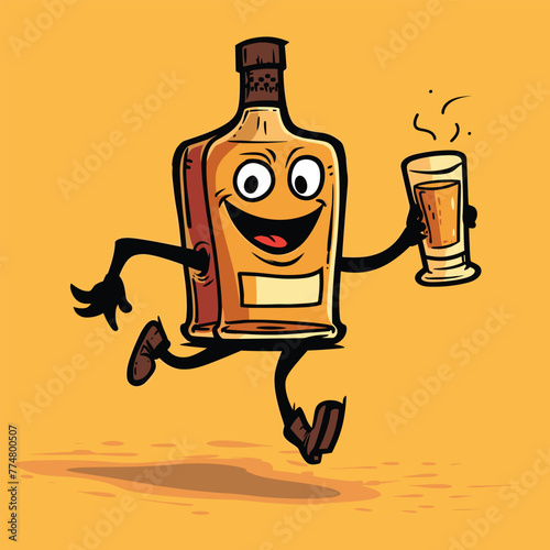 Cartoon whiskey bottle with glass.

