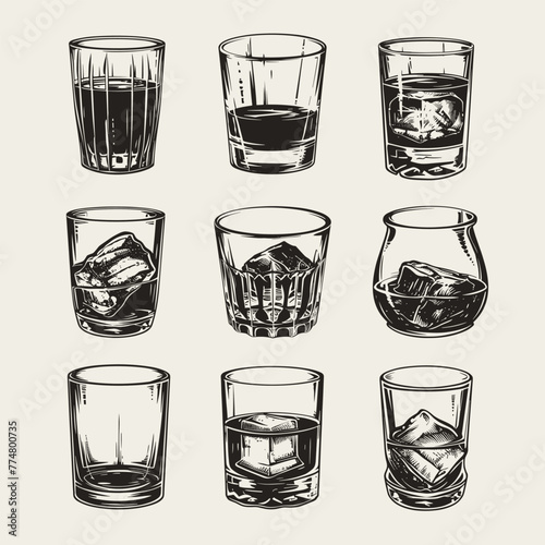 Monochrome whiskey glass sketches.
