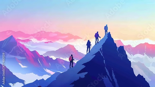 Group of people on peak mountain climbing helping team work , travel trekking success business concept photo