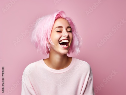 Woman With Pink Hair Laughing and Wearing White Sweater