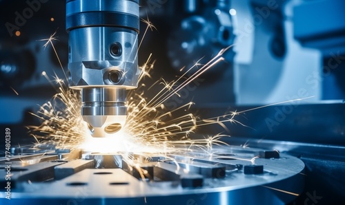 A closeup of an aluminum spool turning on the lathe, with sparks flying around it in blue and white tones. The background is dark and blurred, creating depth. photo