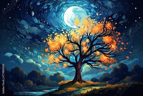 Drawing of a night landscape with a beautiful tree in the moonlight. Generative AI © Vovmar