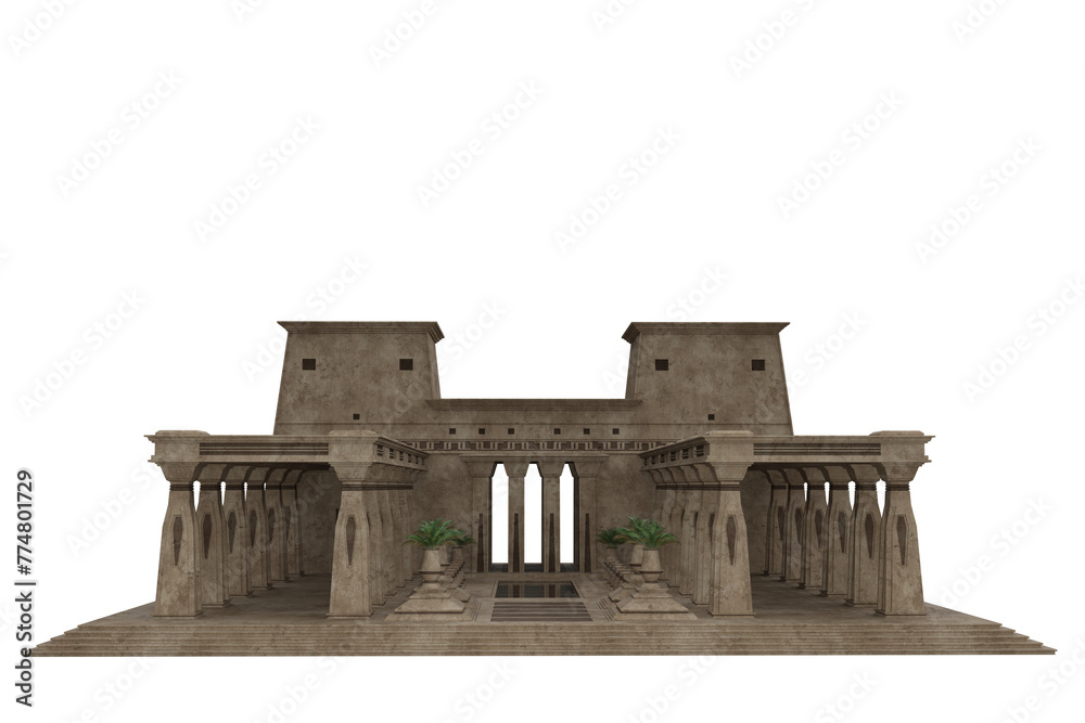 Obraz premium Ancient Egyptian royal palace or temple building with stone columns. Isolated 3D rendered illustration.