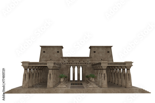 Ancient Egyptian royal palace or temple building with stone columns. Isolated 3D rendered illustration.