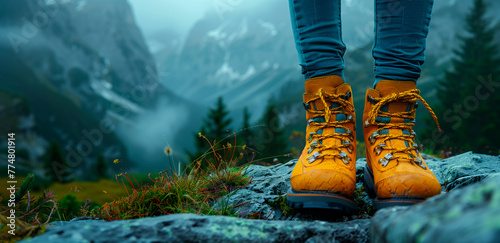 Feet in brown boots, a view of the beautiful mountains, leather boots, a path strewn with stones. The concept of travel is the image on the banner.