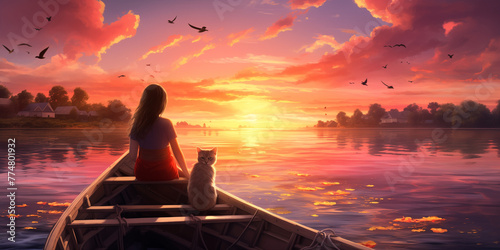 A picturesque moment captured in stunning HD, featuring a beautiful girl and her cat enjoying a peaceful boat ride on a scenic river, with the sun setting in the background. © Kaneez
