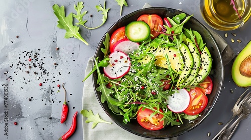 Fresh vegetable salad in a bowl with avocado slices. Overhead shot of a rustic bowl filled with a colorful salad made with fresh vegetables, drizzled with olive oil