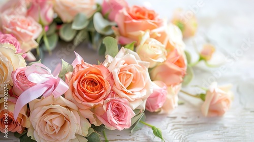 A wreath of roses with a ribbon in pastel colors. © Raziq