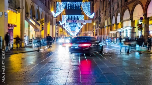 BOLOGNA, ITALY - NOVEMBER 25 2016: Timelapse christmas illumination on the dell'Indipendenza street. photo