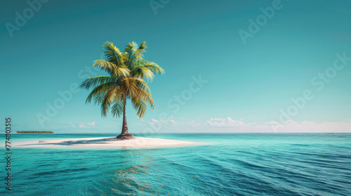 A serene tropical scene with a single  lush palm tree standing on a small  white sandy islet - AI Generated Digital Art