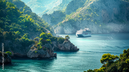 A cruise ship sails through the water, passing close to a rugged rocky shore in a tropical bay