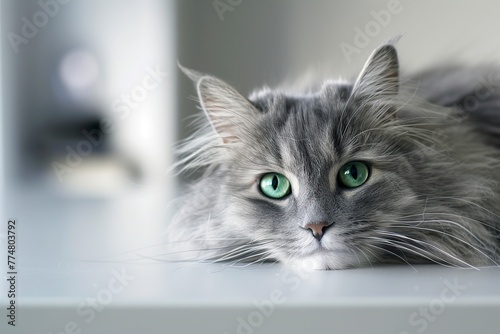 Gray Cat With Green Eyes Laying Down © Jorge Ferreiro