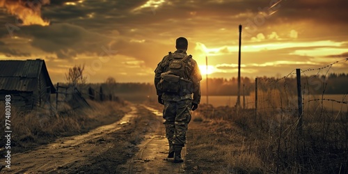 Soldier Walking Down Dirt Road at Sunset photo