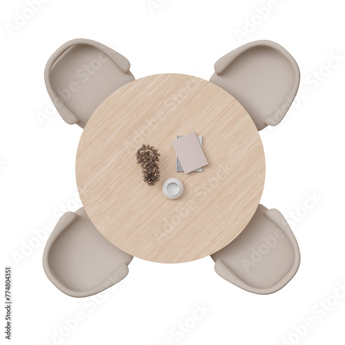 Overhead view of dining set with a wooden table and beige chairs. Round table on transparent background. Cut out furniture. Top view. Flat lay, floor plan elements. 3D rendering.