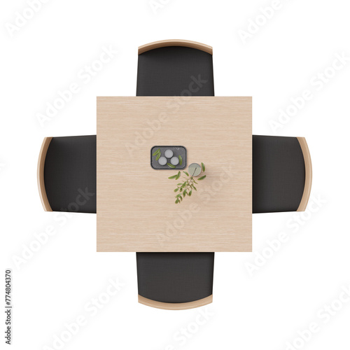 Overhead view of dining set with a wooden table and black chairs. Square, small table on transparent background. Cut out furniture. Top view. Flat lay, floor plan elements. 3D rendering.
