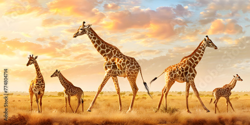 Fam  lia de girafas caminhando na savana