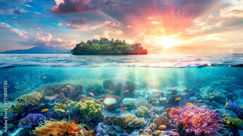 A vibrant painting capturing the beauty of a sunset over a tropical coral reef, displaying colorful fish and intricate coral formations © Anoo