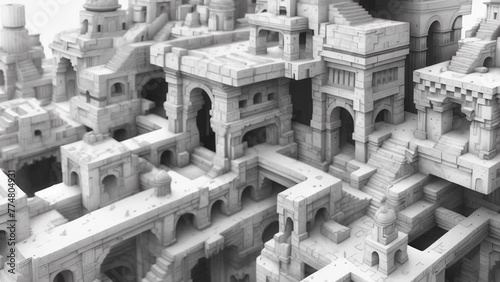 An intricate maze with impossible architectural designs representing the complexity and unreliability of our perceived reality. photo