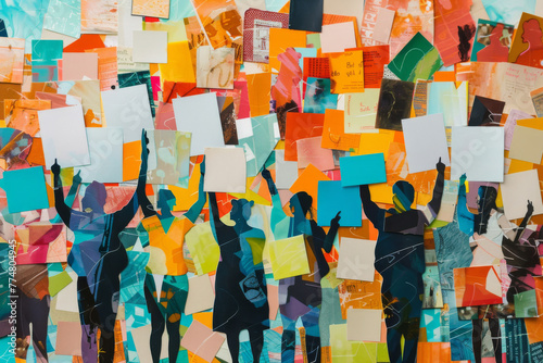 People, collage and creative art made of paper for human rights, protest or riot against war. Colourful, vibrant pop and creative graphic design poster for background, wallpaper and backdrop mockup