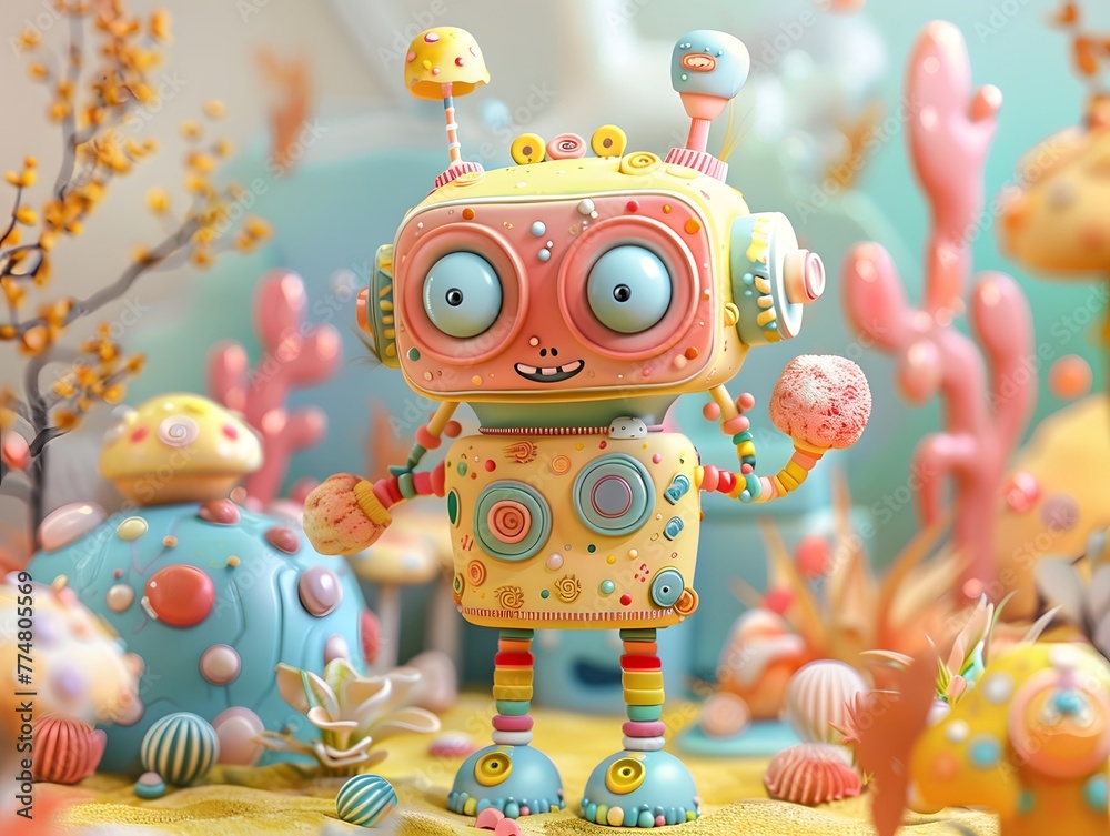 A playful, one-eyed robot with a quirky design stands amidst a fantastical, colorful alien landscape dotted with unusual flora.