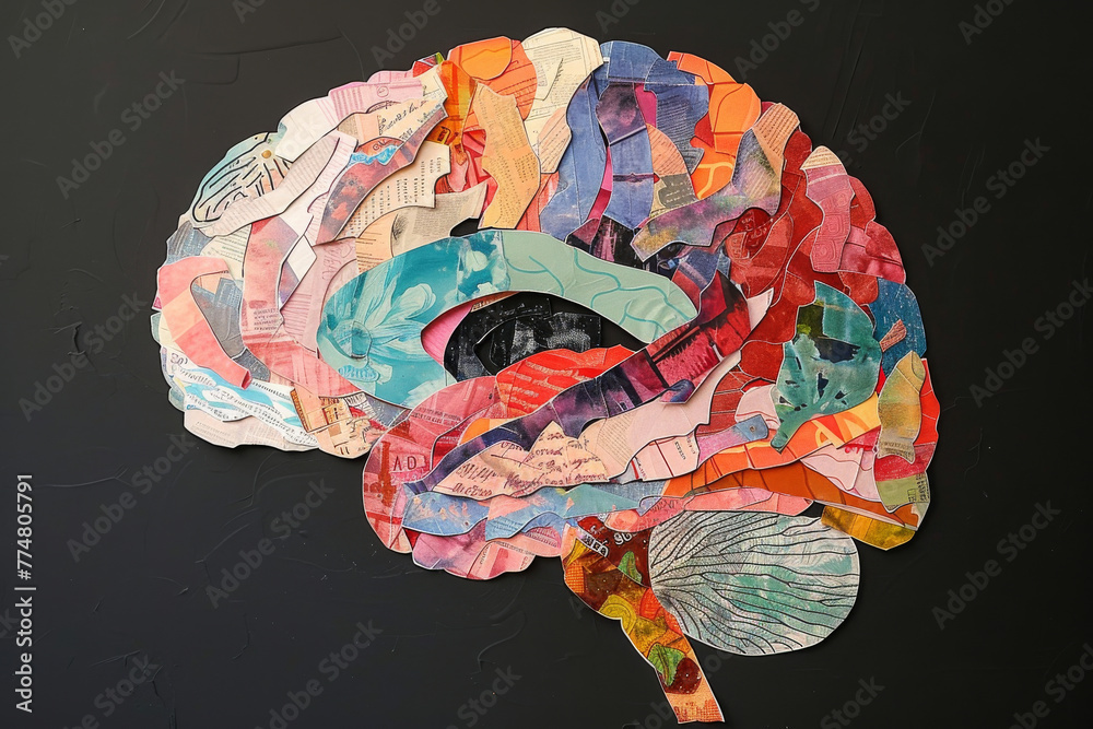 Brain, collage art and creative artwork made of paper neurodivergent, neuroscience and ADHD or autism. Colourful, vibrant pop and creative graphic design poster for background, wallpaper and backdrop - obrazy, fototapety, plakaty 