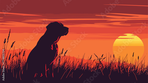 Dog in the field at sunset flat vector isolated on white