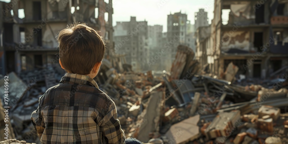Young Boy Standing Amid Rubble