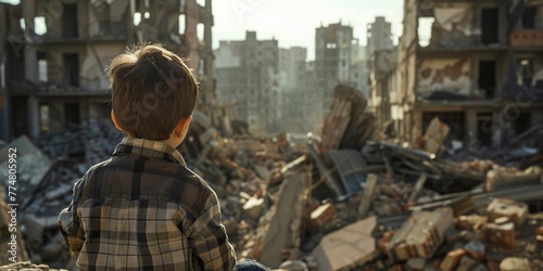 Young Boy Standing Amid Rubble