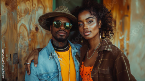 An Afro-American couple stands confidently, exhibiting street style and hip-hop fashion against a rustic urban backdrop. Perfect for modern lifestyle and culture themes.